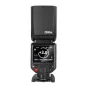 Neewer Z880-C external flash with lithium battery, front view displaying illuminated LCD screen, zoom control, and power settings