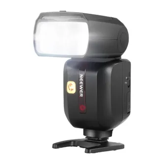 Neewer Z880-S flash with lithium battery, front view showing LCD screen, zoom range markings, and modeling LED light