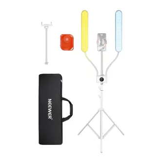 Профессиональный световой комплект Neewer BH40B с двумя гибкими LED-руками, регулируемой цветовой температурой и яркостью, пультом управления и чехлом для переноски.