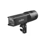 GODOX RS100R RGB LED video light with adjustable control panel and clamp stand attachment, compact design for professional studio and mobile filming