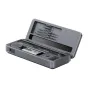 FNIRSI HS-02B 100W smart soldering iron kit in an open storage case featuring soldering tips, accessories, and organized compartments for portable use