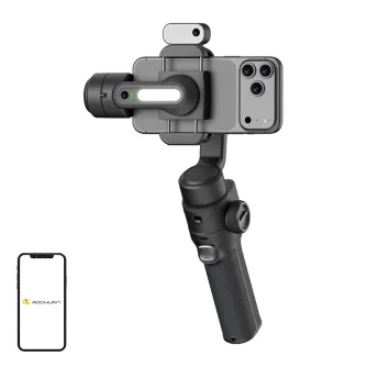 AOCHUAN S3 Gimbal with AI sensor and smartphone mounted, featuring front camera lens, touchscreen control panel, and integrated aluminum extension arm for stable vlogging and filming