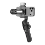 AOCHUAN S3 stabilizators ar AI sensoru un pievienotu viedtālruni, demonstrējot trīs ass stabilizāciju, skārienekrāna vadības paneli, iebūvēto LED gaismu un pagarinātu alumīnija roku profesionālai video uzņemšanai un blogošanai.