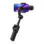 AOCHUAN S3 Gimbal with AI sensor mounted on a smartphone, showcasing 3-axis stabilization, touchscreen control panel, and front LED light for professional video recording.