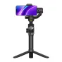 AOCHUAN S3 Gimbal with AI Sensor, black model, featuring a touchscreen control panel and tripod stand for stable video recording with a smartphone mounted.