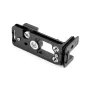 3 Legged Thing Oscar QD L bracket for OM System OM3 with detachable grip, QD socket, and Arca Swiss profile side view