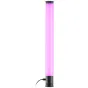 Westcott Ice Light 3 RGBWW LED light emitting a vibrant pinkish-purple glow, featuring a handheld battery grip and USB-C power cable for versatile photography and video lighting.