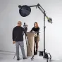 Westcott Easy Boom 28-inch extension arm with softbox light mounted on C-stand, demonstrating a flexible studio lighting setup for portrait photography