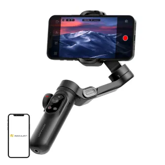 AOCHUAN X Pro Standard Gimbal in black holding a smartphone displaying a scenic landscape, showcasing its design and control buttons on the handle.