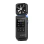 FNIRSI FAM-02 digital anemometer with illuminated display showing wind speed, temperature, and humidity readings, featuring an 8-blade rotor fan and ergonomic control buttons.