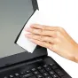 JJC CL W10 individually wrapped moist cleaning wipe for delicate electronics and surfaces, positioned near a laptop screen and keyboard.