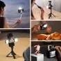 Ulanzi DG01 Cube Mini Light in action with smartphone selfie stick setup, handheld use for close-up photography, and mounted on tripod for professional lighting effects