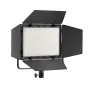 Godox LP600R 60W RGB LED panel light with open barndoors, front view showing bright diffused lighting and sleek black design