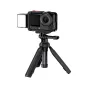 JJC LED NANO Mini LED light for DJI Osmo Action 6 and Osmo Nano mounted on camera with magnetic attachment, placed on a mini tripod for stable shooting