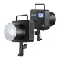 Neewer Q4 Flash with battery and digital control panel, front and side view showing illuminated bulb and Bowens mount