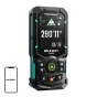 Mileseey S50 laser rangefinder with a 2.4-inch display showing measurements in feet and inches, featuring green laser targeting, control buttons, and a rugged black and teal design for outdoor and construction use.