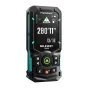 Mileseey PrecisionX S50 laser rangefinder with 2.4-inch color display showing distance measurement, green laser targeting, and side red alignment laser for precise outdoor and construction use