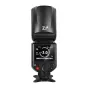 Вспышка Neewer Z2-S TTL для камер Sony с подсвеченной панелью управления, показывающей уровень зума 105 и мощность вспышки 3.0, вид сверху с направленной вверх головой вспышки.