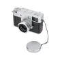 JJC LH JXHF silver lens hood for Fujifilm X half cameras with matching lens cap and holder on a white background