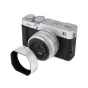JJC LH JXF23M2 silver lens hood for Fujifilm XF 23mm & 27mm lenses with magnetic attachment, positioned in front of the camera
