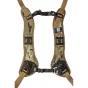 BlackRapid Double Camera Harness in multi-terrain camouflage pattern, featuring adjustable straps, breathable shoulder pads, and secure locks for carrying two DSLR or mirrorless cameras.