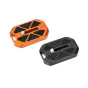3 Legged Thing QR7 quick release plate 38x70mm Arca Swiss compatible with adjustable camera screw slot, shown in orange and black versions