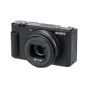 Sony ZV-1F camera side view highlighting the front lens area with JJC compatible lens ring for automatic lens cap attachment