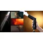 Newell Mr Mist wireless smoke generator in use, emitting dense white smoke effects for professional photography, with a smartphone displaying three visual results: misty portrait, fiery red atmosphere, and dramatic silhouette. T