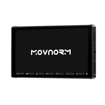 PortKeys PT5 III 5.4-inch monitor with MOVNORM OS interface, front view showing control interface with adjustment options for backlight, contrast, sharpness, chroma, tint, and color grading.