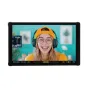 PortKeys PT5 III 5.4-inch touchscreen monitor displaying a smiling person with headphones and a yellow beanie, featuring playback controls and brightness adjustment sliders on a light blue gradient background, ideal for video or
