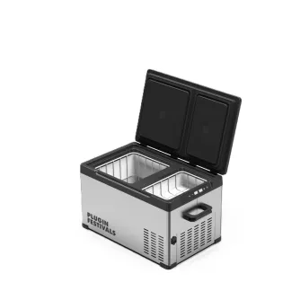 Maentum IceCube DUAL 25 compressor cooler with dual-zone cooling, open lid revealing 25L capacity and sturdy metal construction
