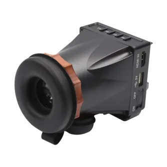 PortKeys LEYE III electronic viewfinder featuring a large rubberized eye cup, metal mounting ring, and detailed control panel with HDMI and USB ports, showcasing a compact and sturdy design.