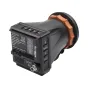 PortKeys LEYE III electronic viewfinder with 2.4-inch 1440x900 resolution display, side view showing HDMI input, control buttons, and Canon E6 battery plate slot