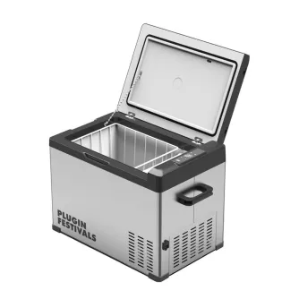 Холодильник-компрессор Maentum IceCube 40L с открытой крышкой, видны внутренние рёбра охлаждения и съёмная металлическая корзина, совместим с 12/24/230V