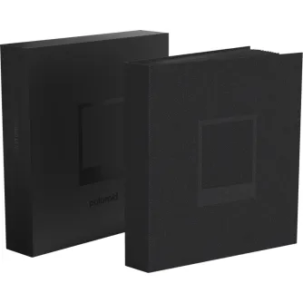 Polaroid Studio Coffee Table Photo Album with black linen cover and square photo window display, featuring closed and open box views
