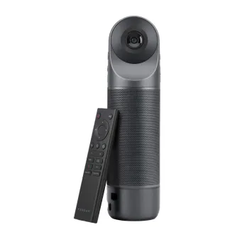 Kandao Meeting PRO 2 4K conference camera with remote control, featuring a sleek cylindrical design and 360-degree dual-lens setup for enhanced meetings