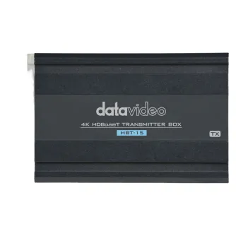 Front view of the Datavideo HBT-15 4K HDBaseT transmitter box featuring a rugged design for professional 4K video transmission over Ethernet.