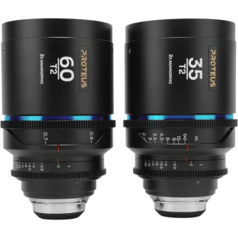 Laowa Proteus 2X Anamorphic 35mm and 60mm cine lenses set featuring T2 aperture, PL mount, and designed for full-frame and Super 35 sensor coverage.