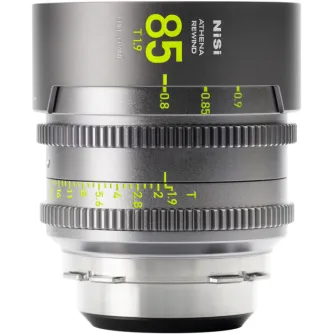 NiSi Athena Rewind 85mm T1.9 PL-Mount cine lens featuring a focus ring, fluorescent scale markings, and a vintage-inspired design for cinematic filmmaking