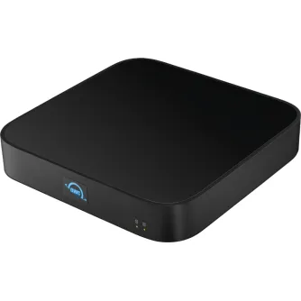 OWC miniStack STX 24TB с поддержкой Thunderbolt 4, внешний накопитель с двумя отсеками для дисков, передний левый вид с индикатором питания и стильным черным дизайном.