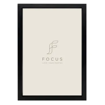 FOCUS Grace Black 60x80 acrylic glass photo frame featuring a minimalist logo design with 'FOCUS' and the tagline 'Love Your Photos' in elegant typography, complemented by a dark wooden border and a light background, perfect for