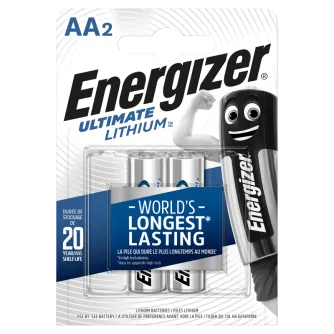 Energizer Ultimate Lithium AA batteries pack of 2 with a 20-year shelf life, providing the world's longest-lasting power for digital cameras and gaming devices.