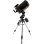 Celestron Advanced VX SCT 11 telescope with StarBright XLT coatings on a sturdy equatorial mount, side view showing robust tripod and counterweight shaft for astrophotography and deep-sky observation