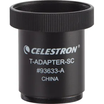 Celestron metal T-Adapter-SC for SLR/DSLR cameras with knurled edge, designed for prime focus astrophotography with Schmidt-Cassegrain telescopes