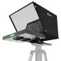 Ikan Aura POE++ PTZ NDI Teleprompter with 19-inch monitor, open hood, and illuminated status light, mounted on a tripod for professional video production