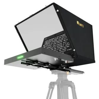Ikan Aura POE++ PTZ NDI Teleprompter with 19-inch monitor, open hood, and illuminated status light, mounted on a tripod for professional video production
