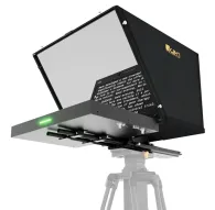 Ikan Aura POE++ PTZ NDI Teleprompter with 19-inch monitor, open hood, and illuminated status light, mounted on a tripod for professional video productionIkan Aura POE++ PTZ NDI Teleprompter with 19-inch monitor, open hood, and illuminated status light, mounted on a tripod for professional video production