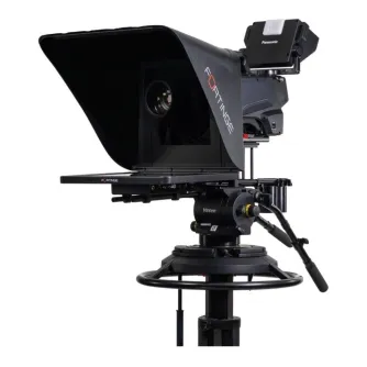 Fortinge ERA LITE 19 teleprompter with Panasonic camera mounted on Vinten fluid head tripod for studio use, side view