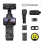 Insta360 Luna Ultra Creator Bundle Cosmic Black with 8K sensor, 12x zoom lens, and detachable touchscreen remote in use, featuring a complete accessory kit including Mic Pro TX, wide-angle lens, and carrying case.