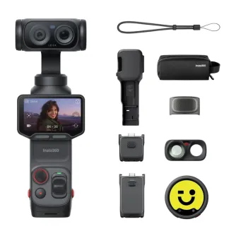 Insta360 Luna Ultra Creator Bundle Cosmic Black with 8K sensor, 12x zoom lens, and detachable touchscreen remote in use, featuring a complete accessory kit including Mic Pro TX, wide-angle lens, and carrying case.